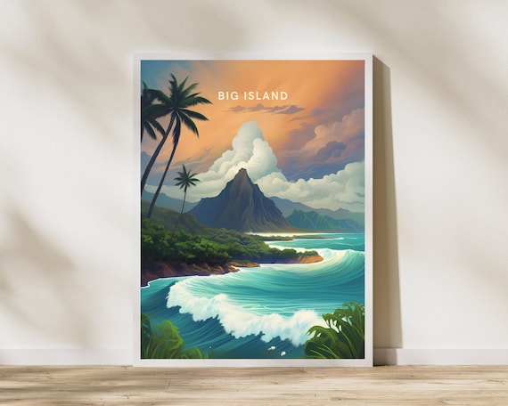 Big Island Hawaii Volcano Palm Trees Surf Waves Sunset Travel Poster