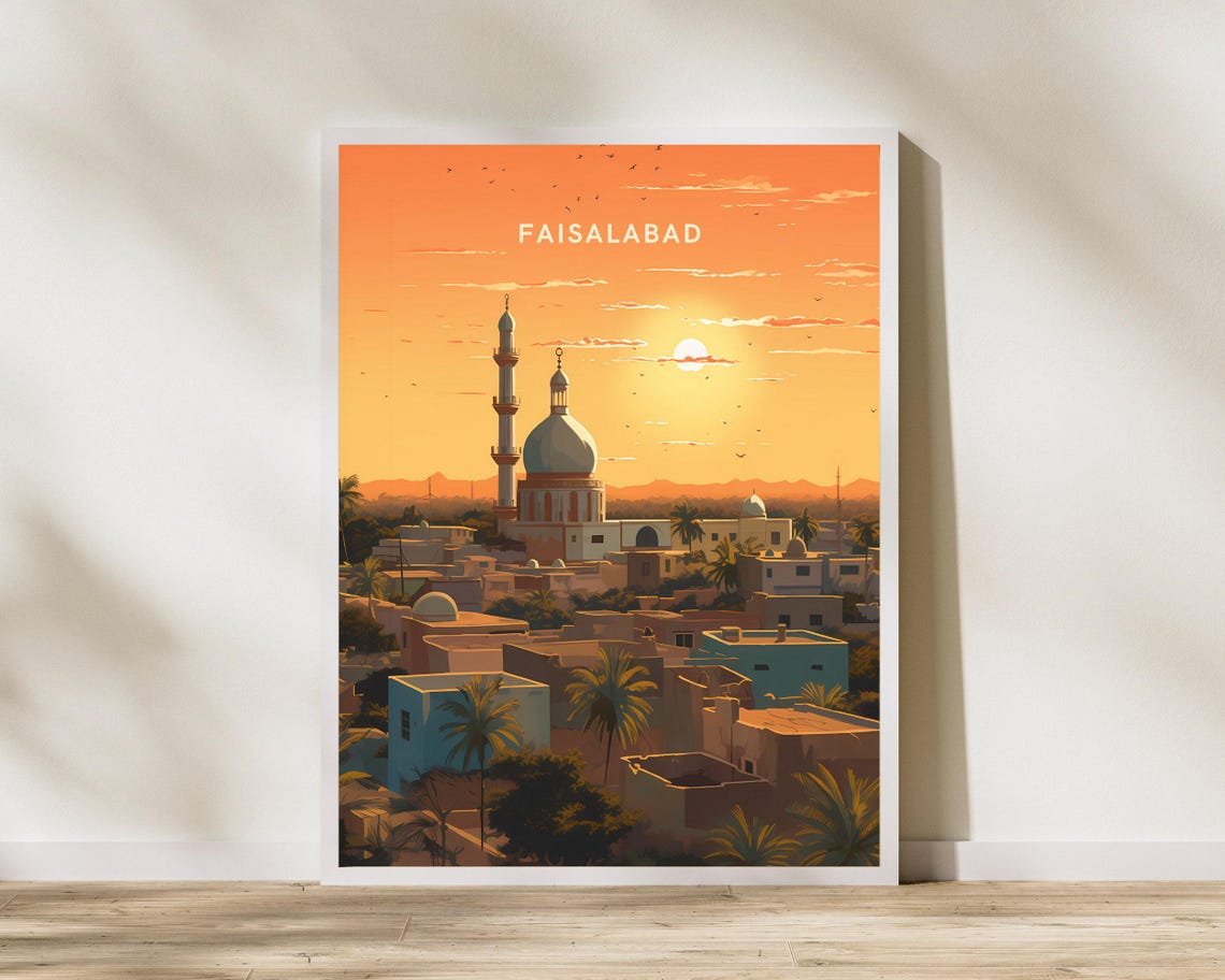 Faisalabad Pakistan Mosque Sunset Cityscape Skyline Travel Poster