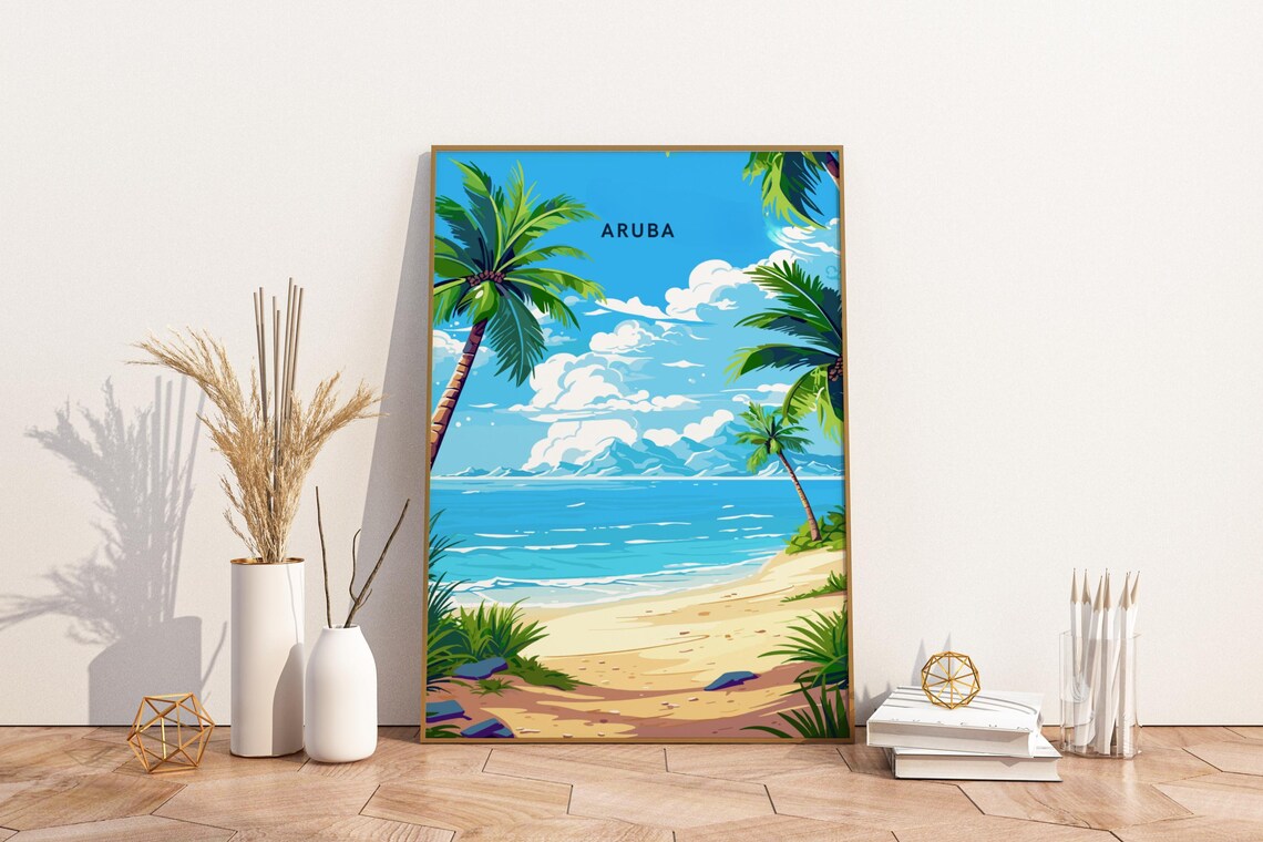 Aruba Beach Tropical Palm Trees Turquoise Sea Sunny Vintage Travel Poster