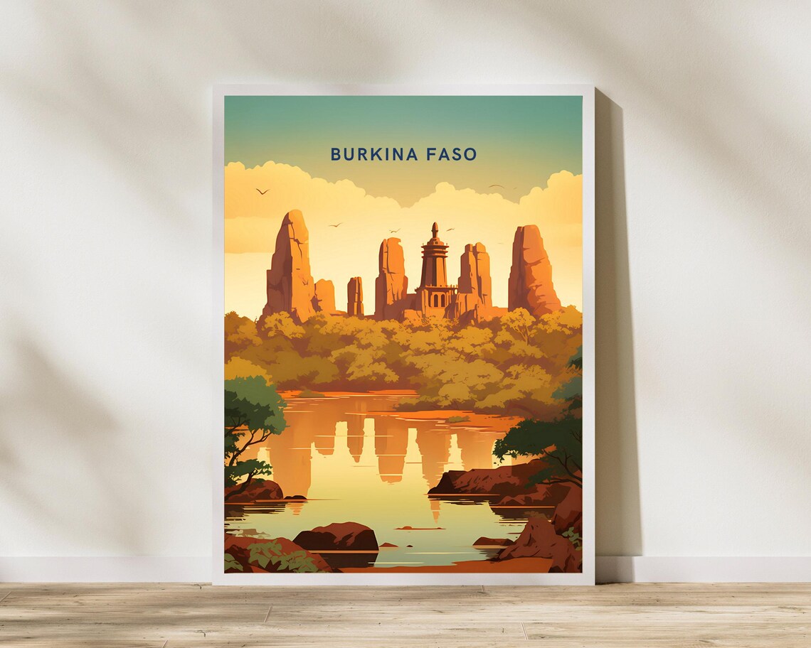 Burkina Faso Golden Rocky Cliffs Temple Sunset River Travel Poster