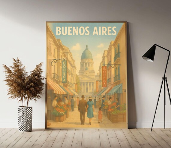 Charming Buenos Aires Vintage Market Street Travel Scene Poster