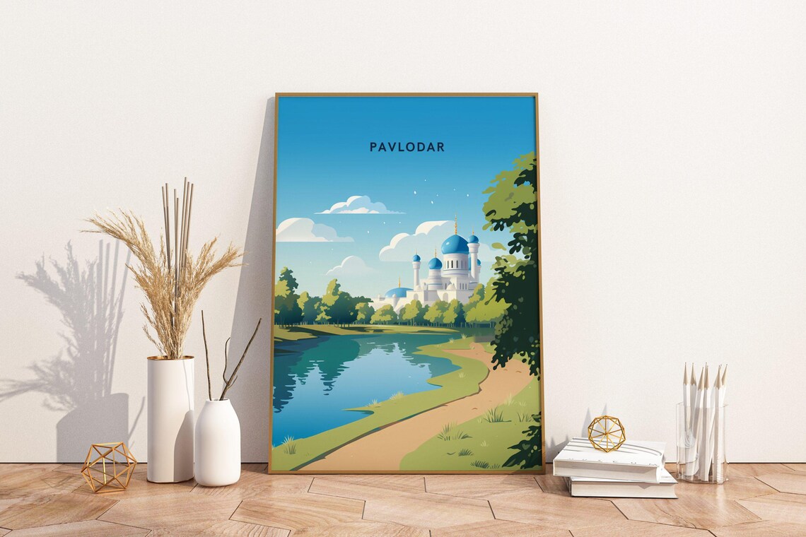 Pavlodar Kazakhstan Blue Dome Mosque River City Travel Poster