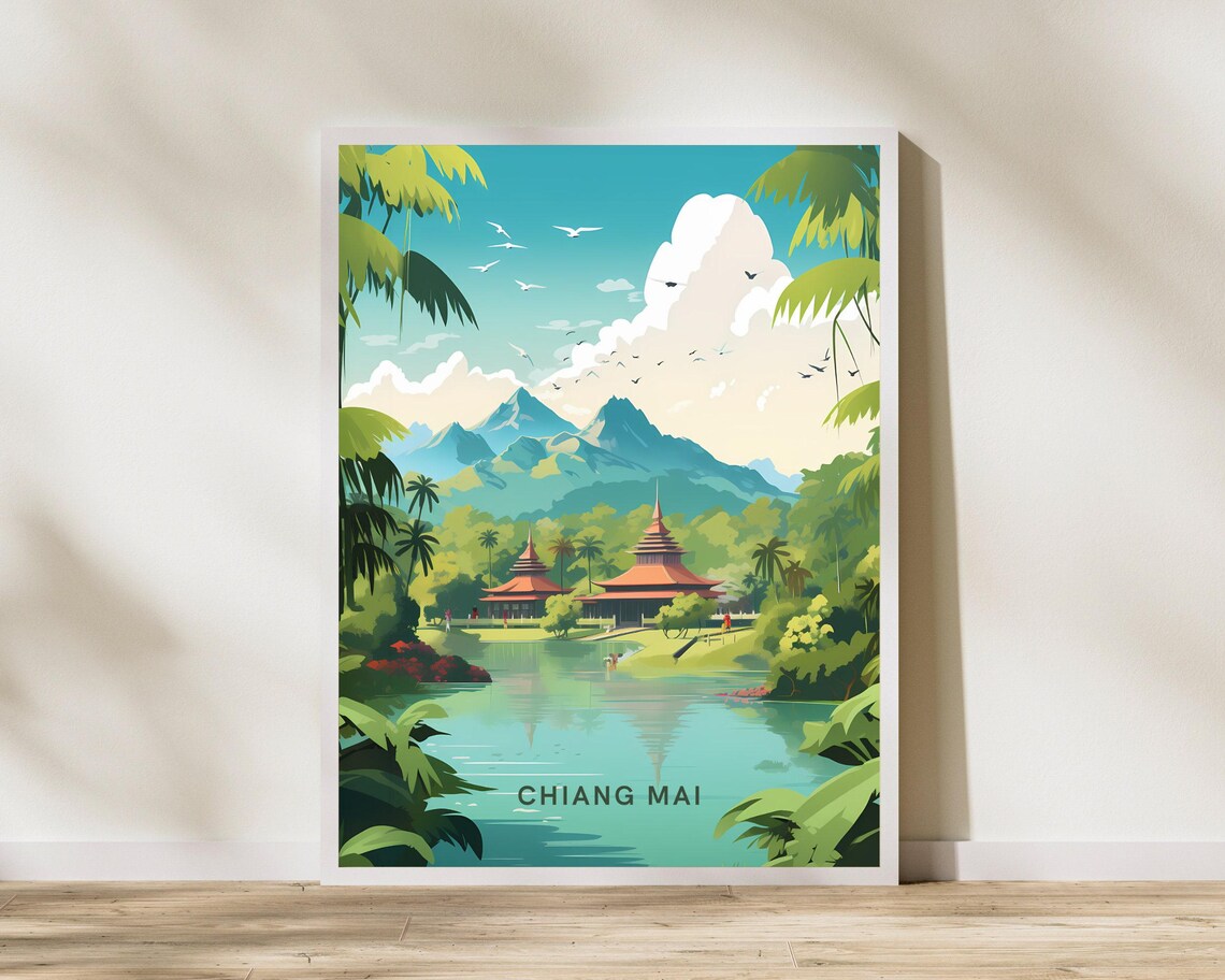 Chiang Mai Thailand Temple Lake Mountain Retro Travel Art Poster