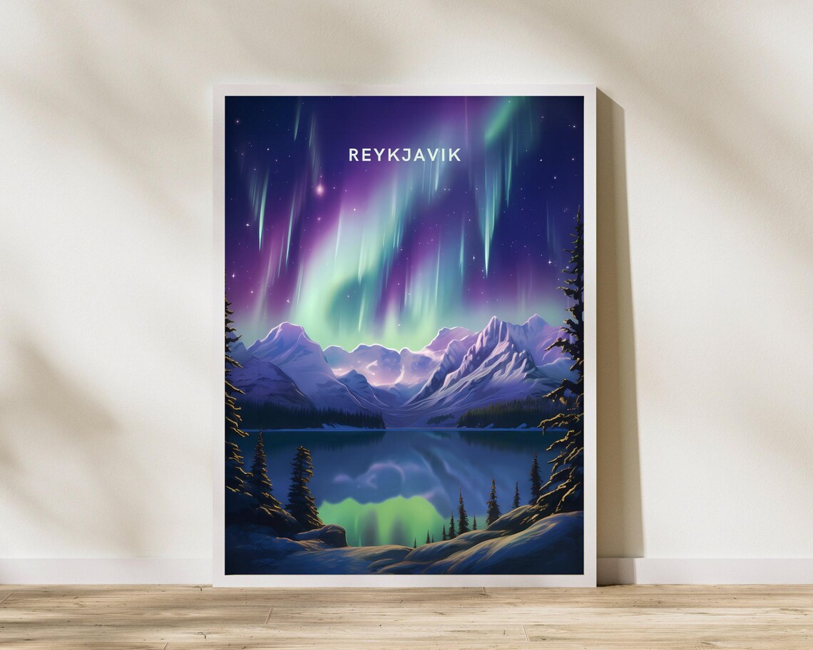 Reykjavik Iceland Northern Lights Snowy Mountain Lake Travel Poster