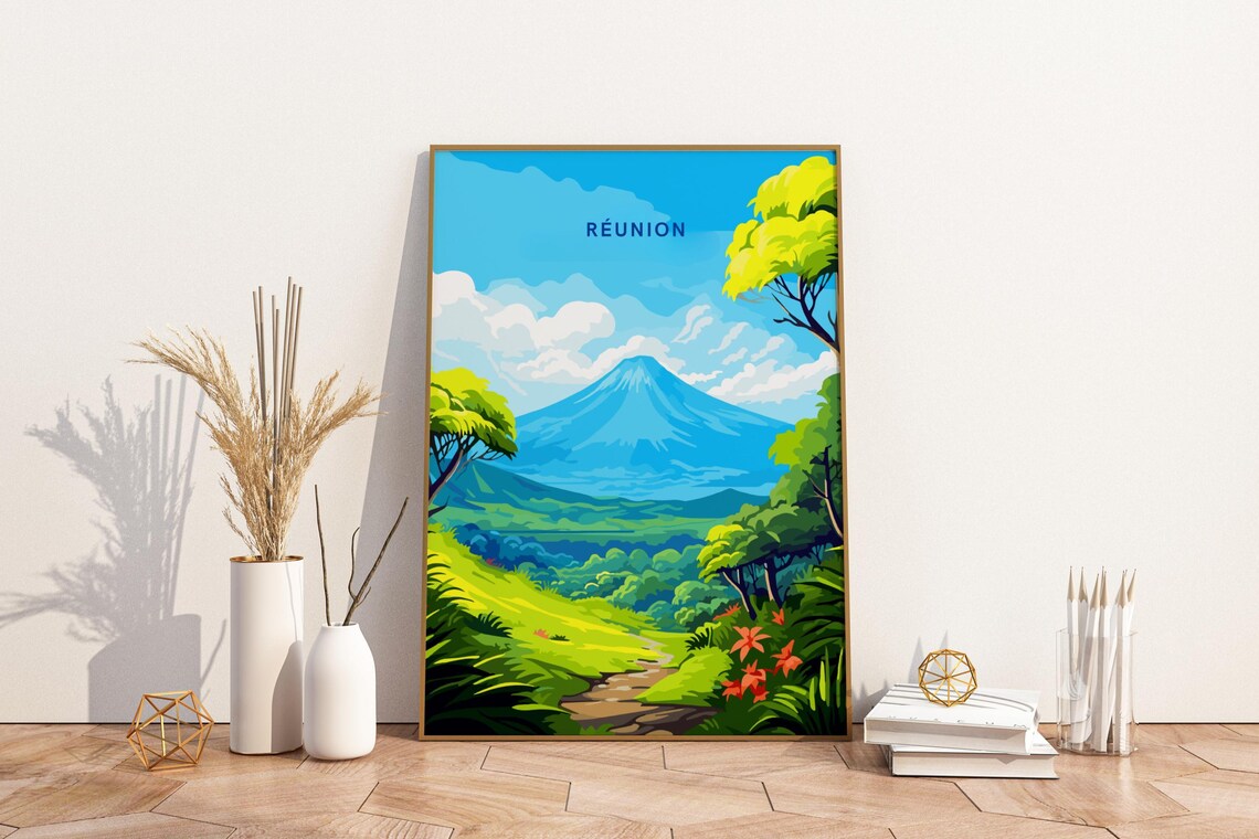 Reunion Island Volcano Tropical Valley Scenic Travel Art Poster