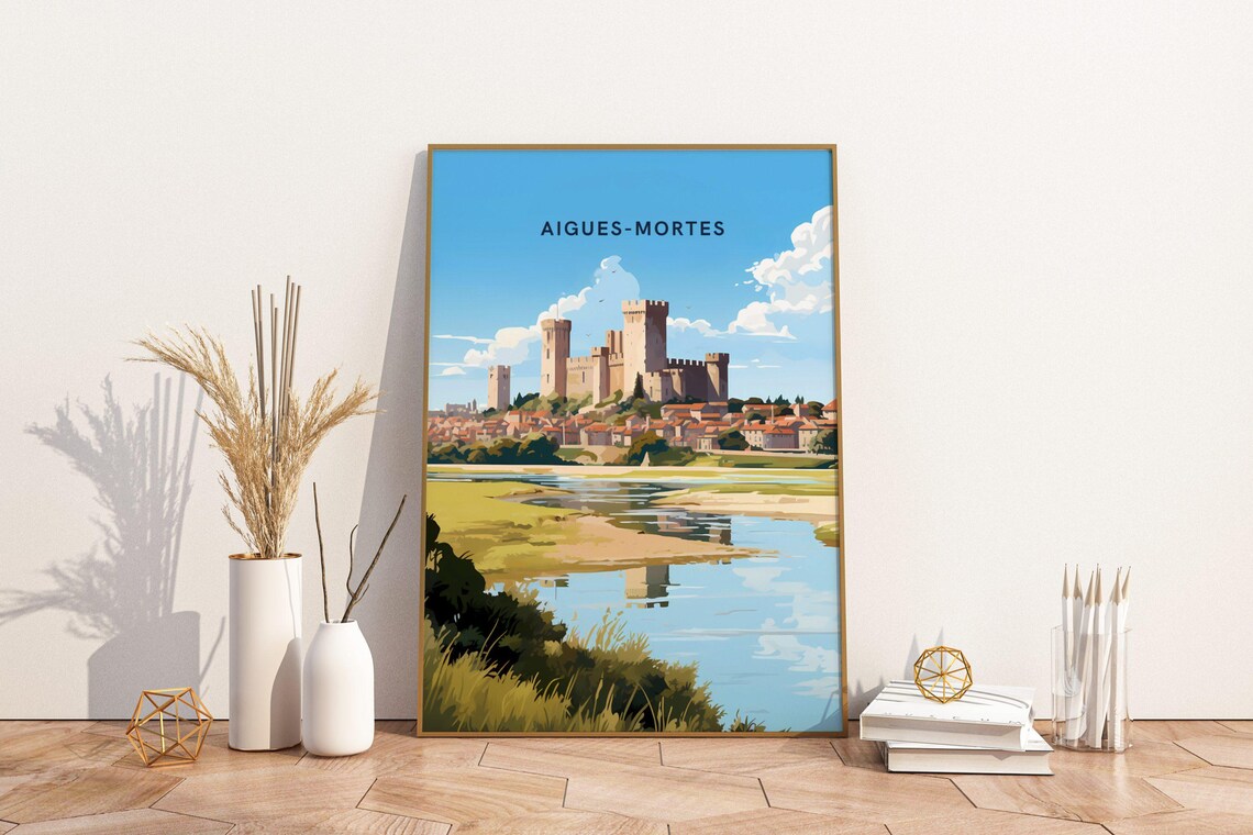 Aigues-Mortes France Medieval Walled Town Retro Travel Poster