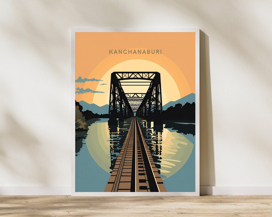 Kanchanaburi Thailand Historic Railway Bridge Sunset Travel Poster
