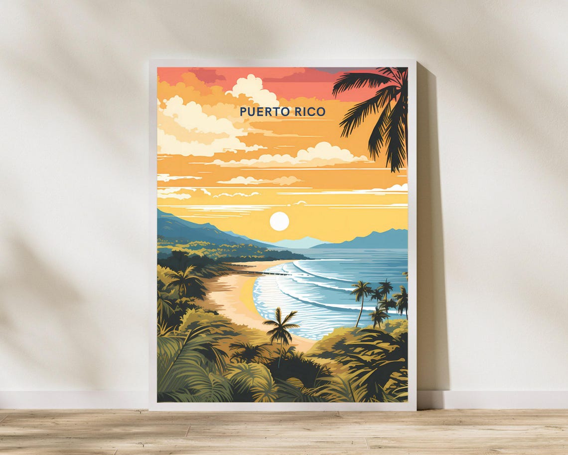 Puerto Rico Tropical Beach Sunset Palms Vintage Travel Poster