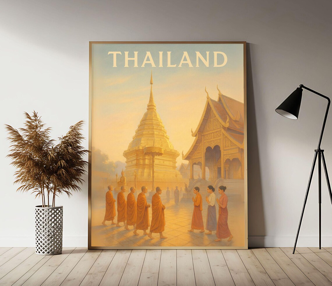 Thailand Chiang Mai Golden Temple Sunrise Vintage Travel Poster