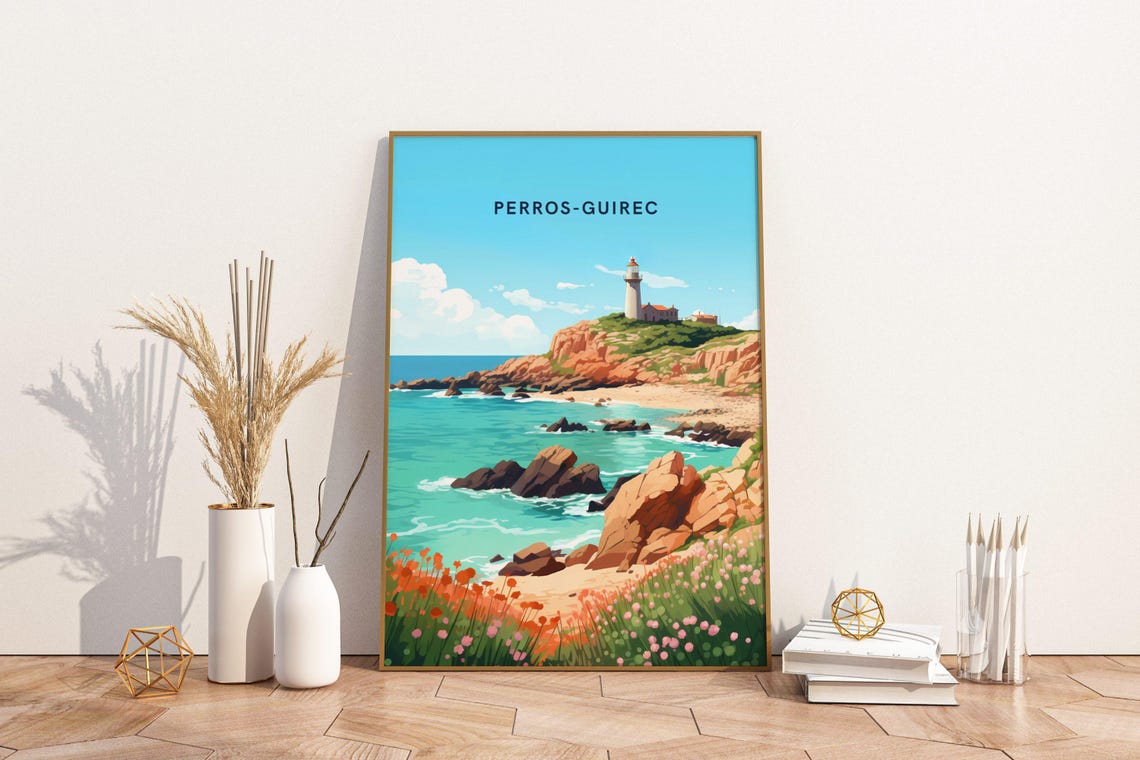 Perros-Guirec Lighthouse Pink Granite Coast Brittany Travel Poster