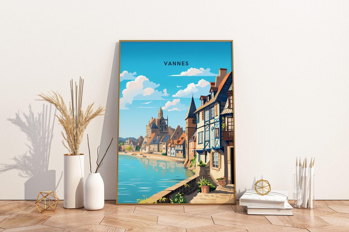 Vannes France Riverside Old Town Vintage Travel Waterfront Poster