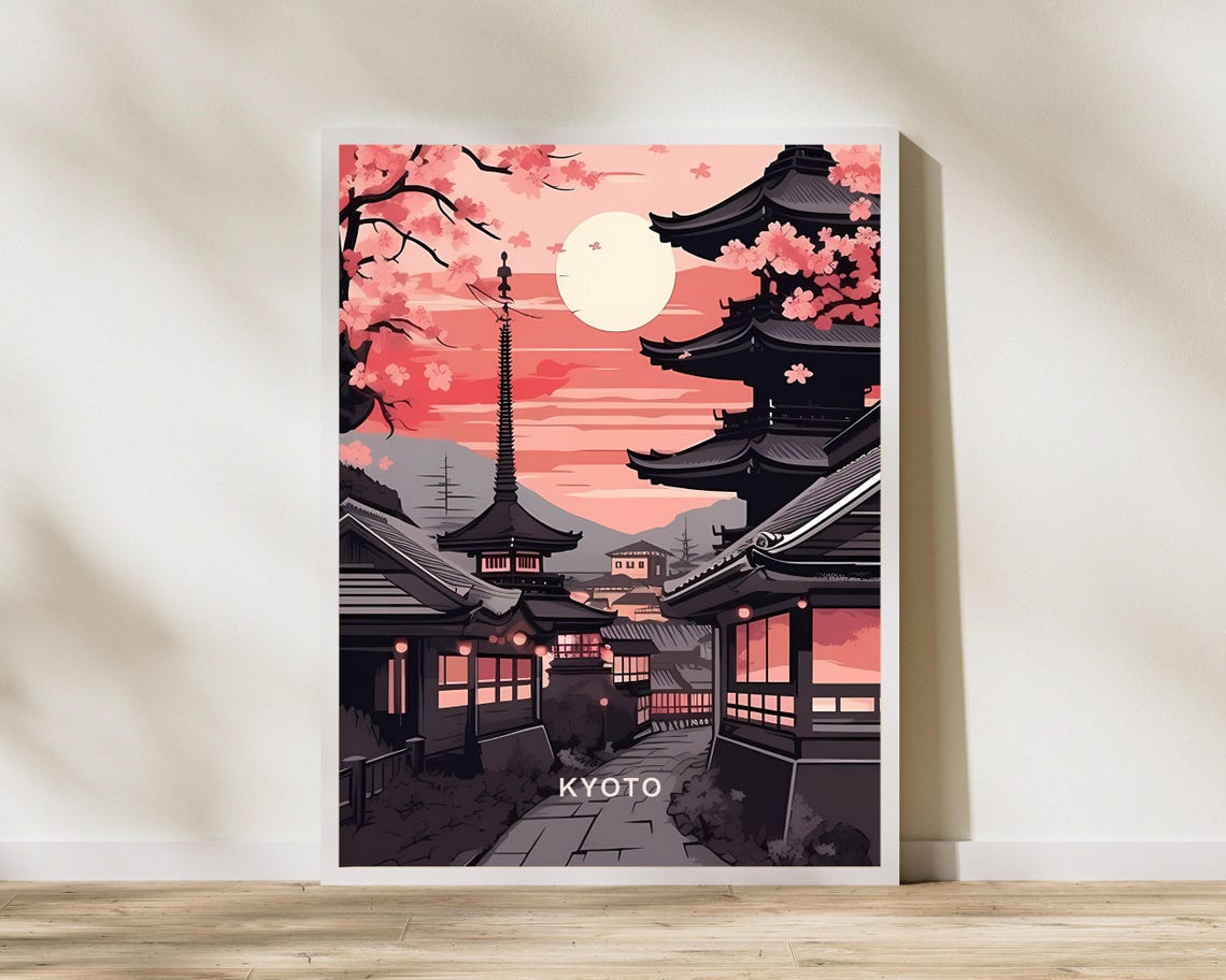 Kyoto Japan Old Streets Cherry Blossoms Pink Sunset Travel Poster
