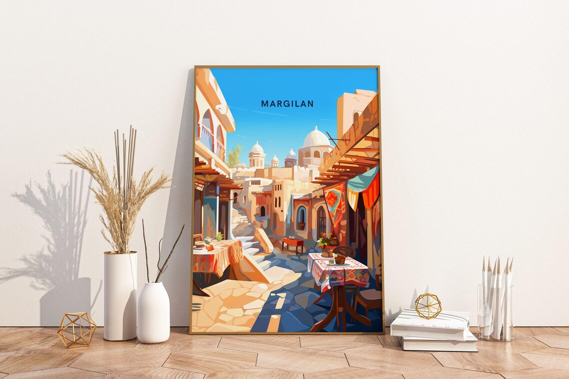 Margilan Uzbekistan Old Town Market Street Vintage Travel Poster