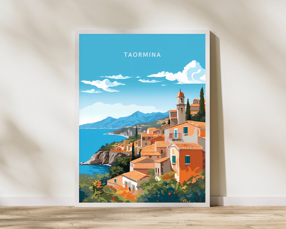 Taormina Sicily Italy Vintage Travel Poster Coastal Cliff Town Art