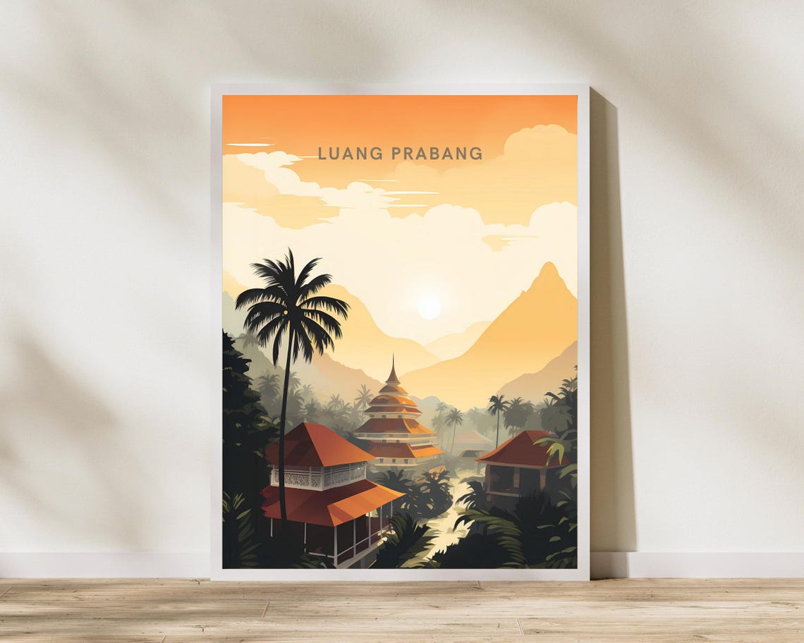 Luang Prabang Laos Temple Sunset Mountain Village Travel Poster