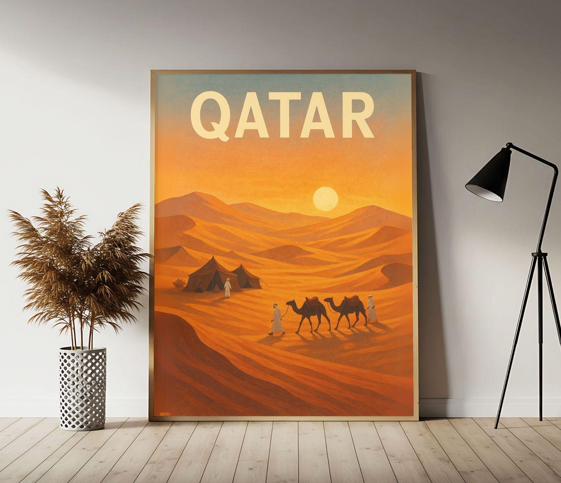 Qatar Desert Sunset Camel Caravan Journey Vintage Travel Poster