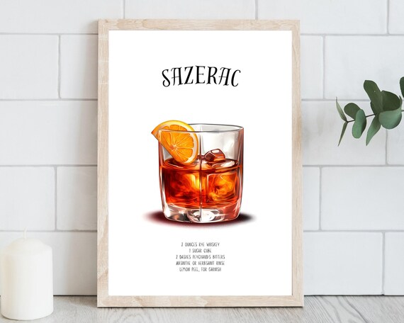 Sazerac Cocktail Recipe Print with Rye Whiskey Ingredients Listed