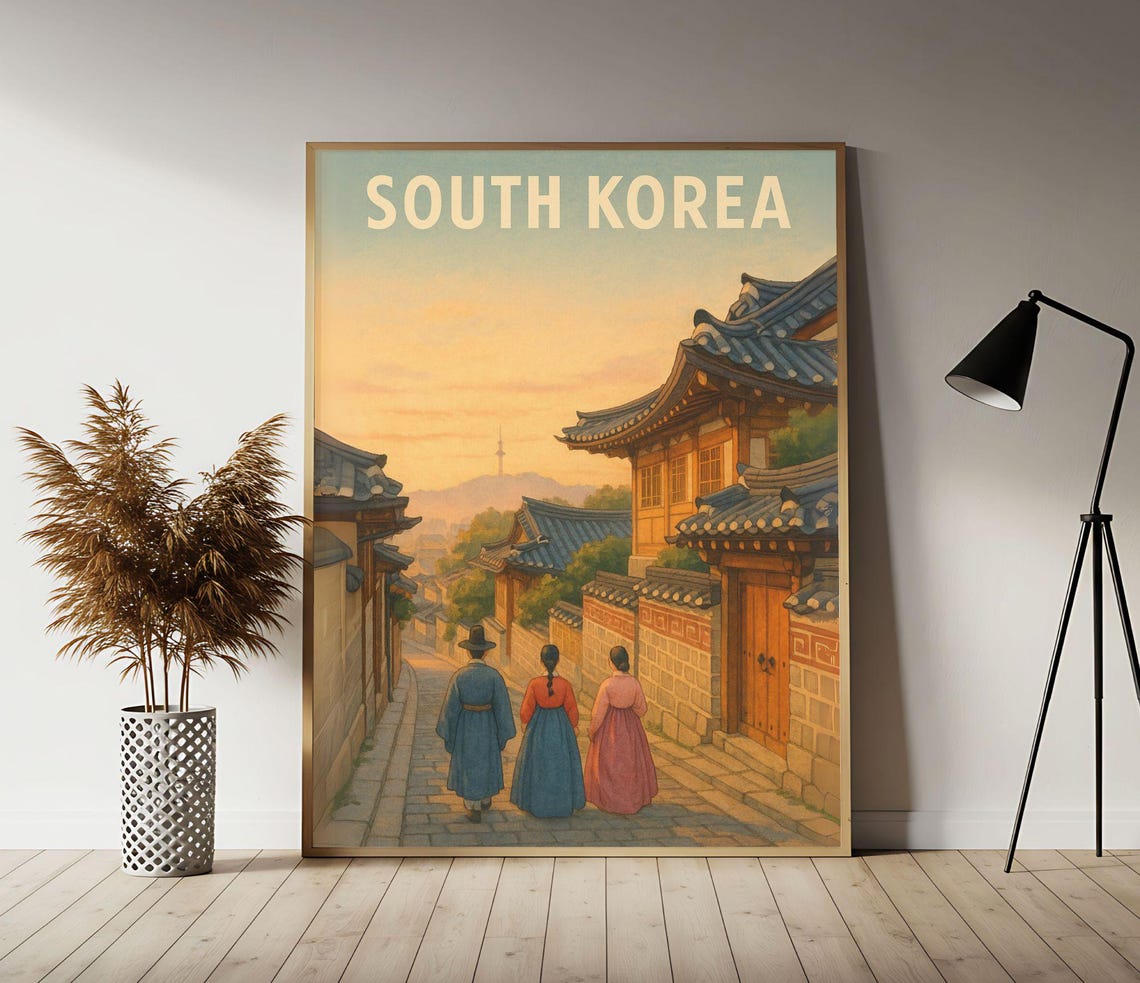 South Korea Hanok Village Traditional Street Vintage Travel Poster