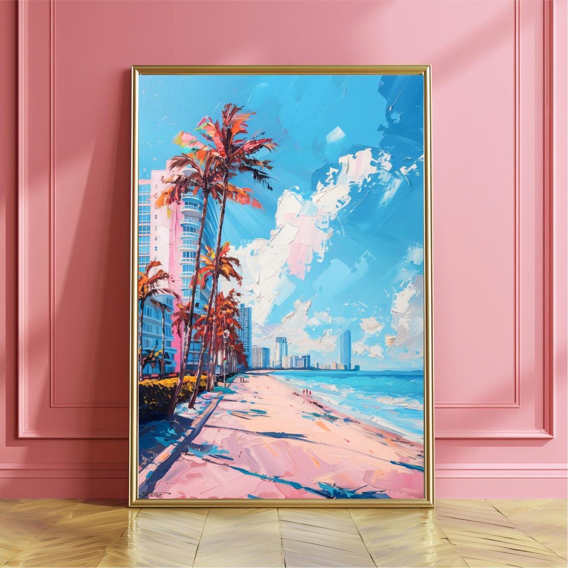 Miami Beach Palm Trees And Skyline Colorful Ocean Art Poster