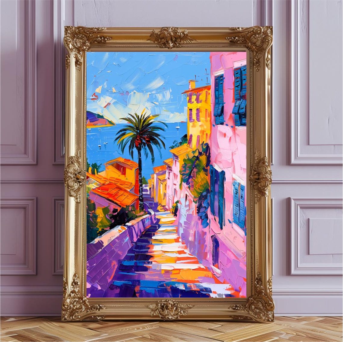 French Riviera Coastal Street Palm Colorful Mediterranean Poster