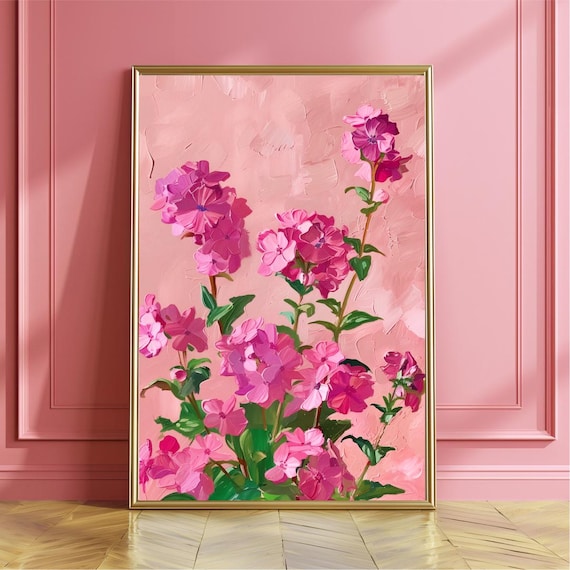 Pink Phlox Flowers In Bloom On Pink Background Impasto Art Poster