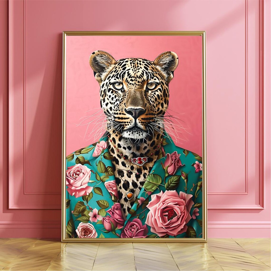 Leopard in Floral Blazer With Jewelry Fashion Portrait Poster