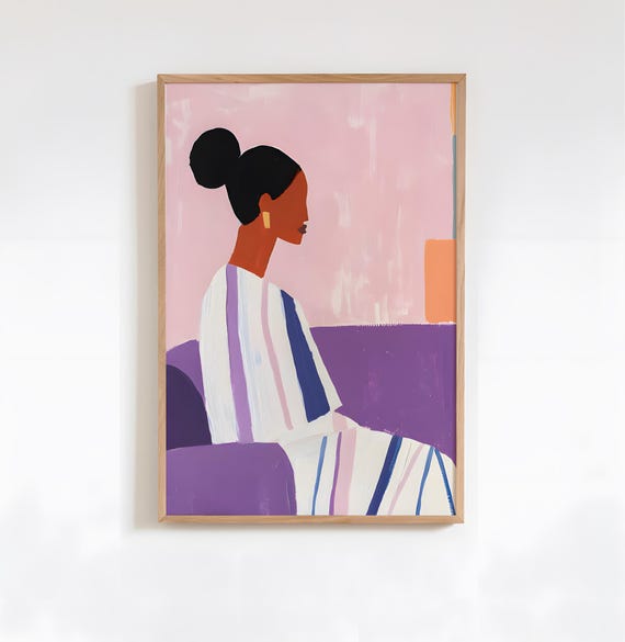 Purple Pink African Woman Abstract Art Colorful Modern Wall Poster Vibrant Acrylic People Stripe Interior Decor