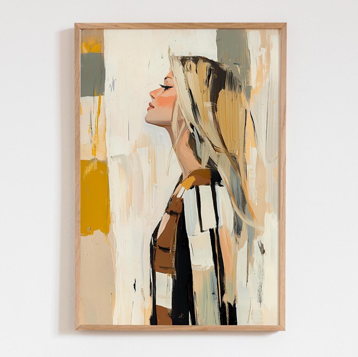 Blond Girl Abstract Portrait, Neutral Modern Art Print