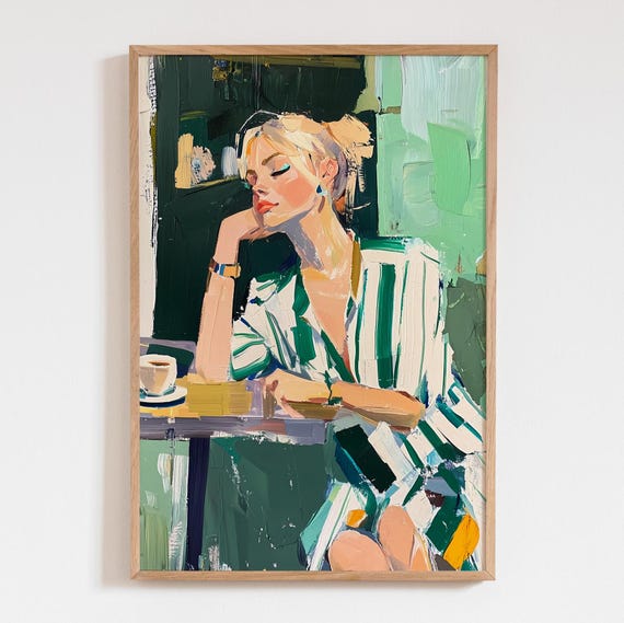 Emerald Green Woman Art Print Abstract Cafe Poster Colorful Acrylic People Wall Modern Coffee Shop Decor Dining Room Artwork