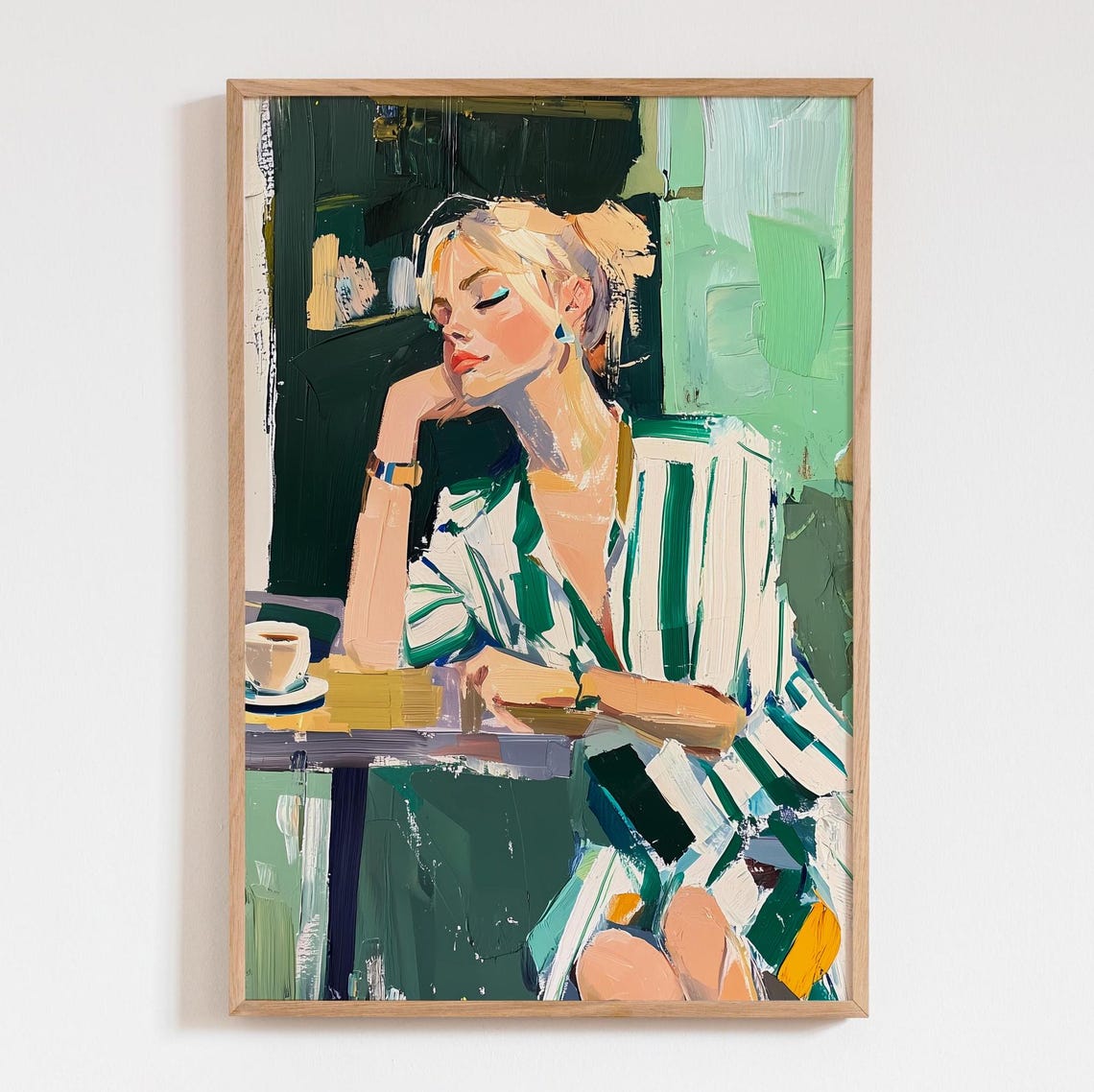 Blonde Woman Emerald Green Café Coffee Acrylic Artwork Poster