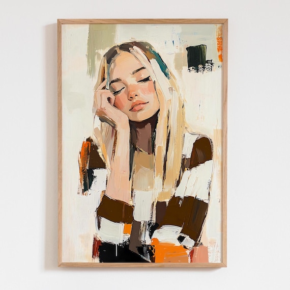 Brown Beige Acrylic Blond Girl Art Print Neutral Modern Wall Poster Abstract People Decor Large