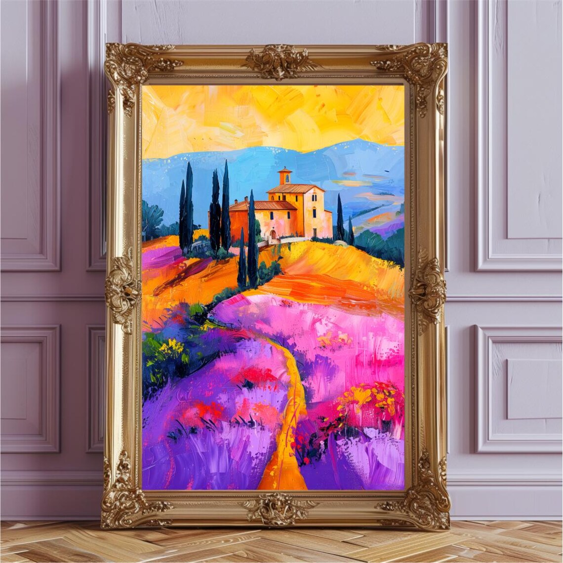 Purple Sunset Tuscany Villa Lavender Hills Italy Travel Poster