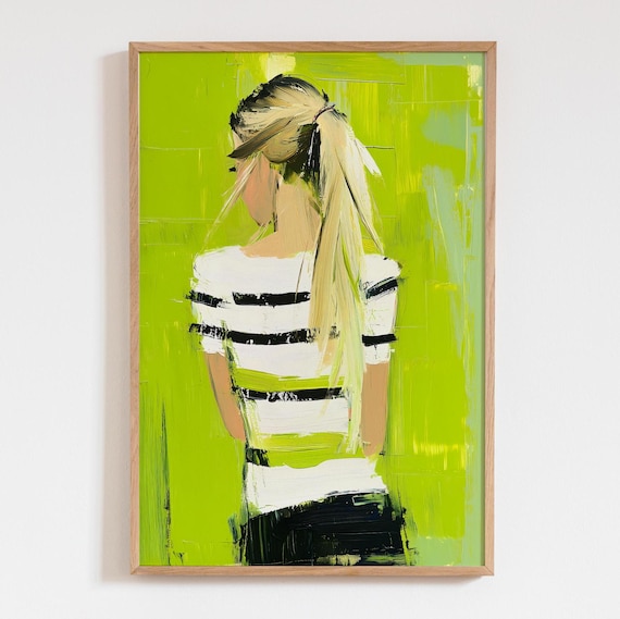Lime Green Abstract Blond Woman Art Print Yellow Modern Poster Acrylic Painting Wall Decor