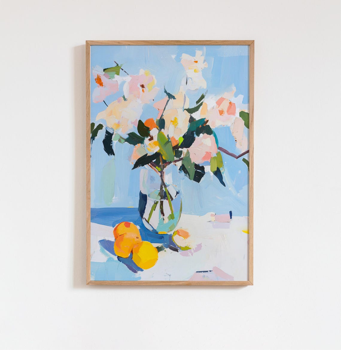 Abstract Floral Still Life with Lemons Blue Background Painting Poster