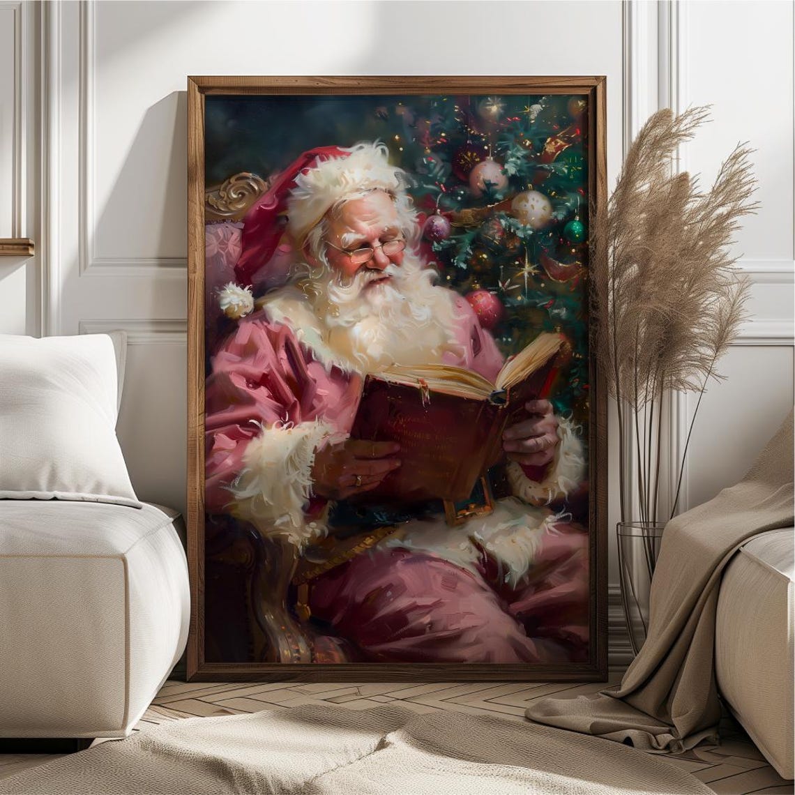 Santa Claus Reading a Book Pink Vintage Christmas Portrait Poster