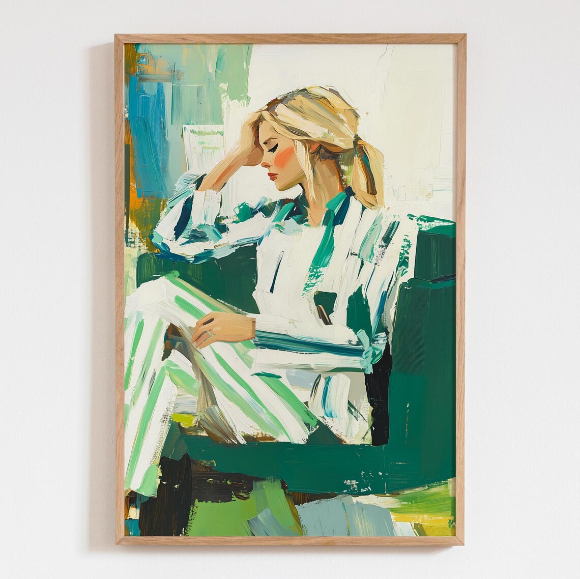 Emerald Green Stripe Abstract Woman Art Print