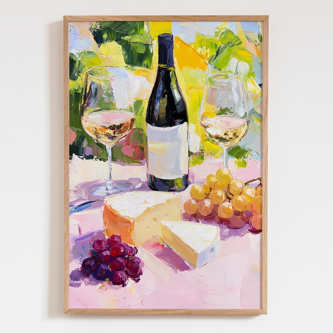 White Wine Cheese Grapes Acrylic Still Life Sunny Table Art Poster