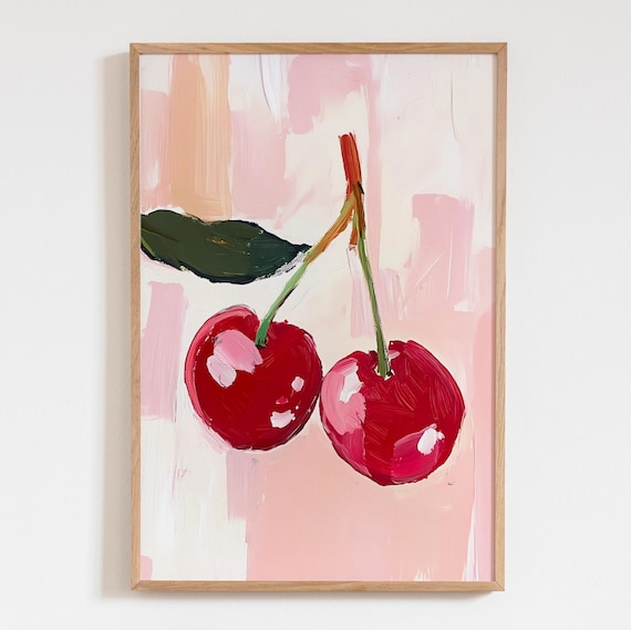 Two Red Cherries Pink Acrylic Dopamine Kitchen Food Wall Poster