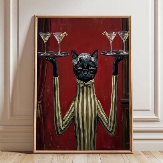Black Cat Martini Waiter Wall Art Maximalist Funny Kitchen Decor Moody Bar Cart Print Eclectic Dining Room Painting Quirky Cocktail