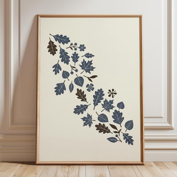 Falling Autumn Leaves Navy Linocut Style Minimalist Botanical Wall Print