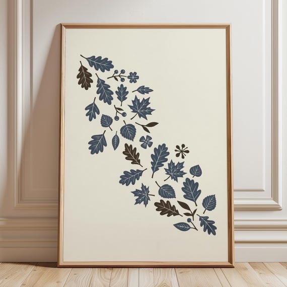 Falling Autumn Leaves Print Scandinavian Wall Art Minimalist Botanical Poster Neutral Fall Mid Century Nature Decor Digital Download