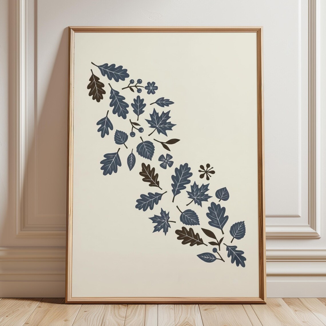 Falling Autumn Leaves Navy Linocut Style Minimalist Botanical Wall Print