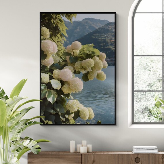 Lake Como Italy Hydrangea Blooms Lakeside Mountain View Travel Poster