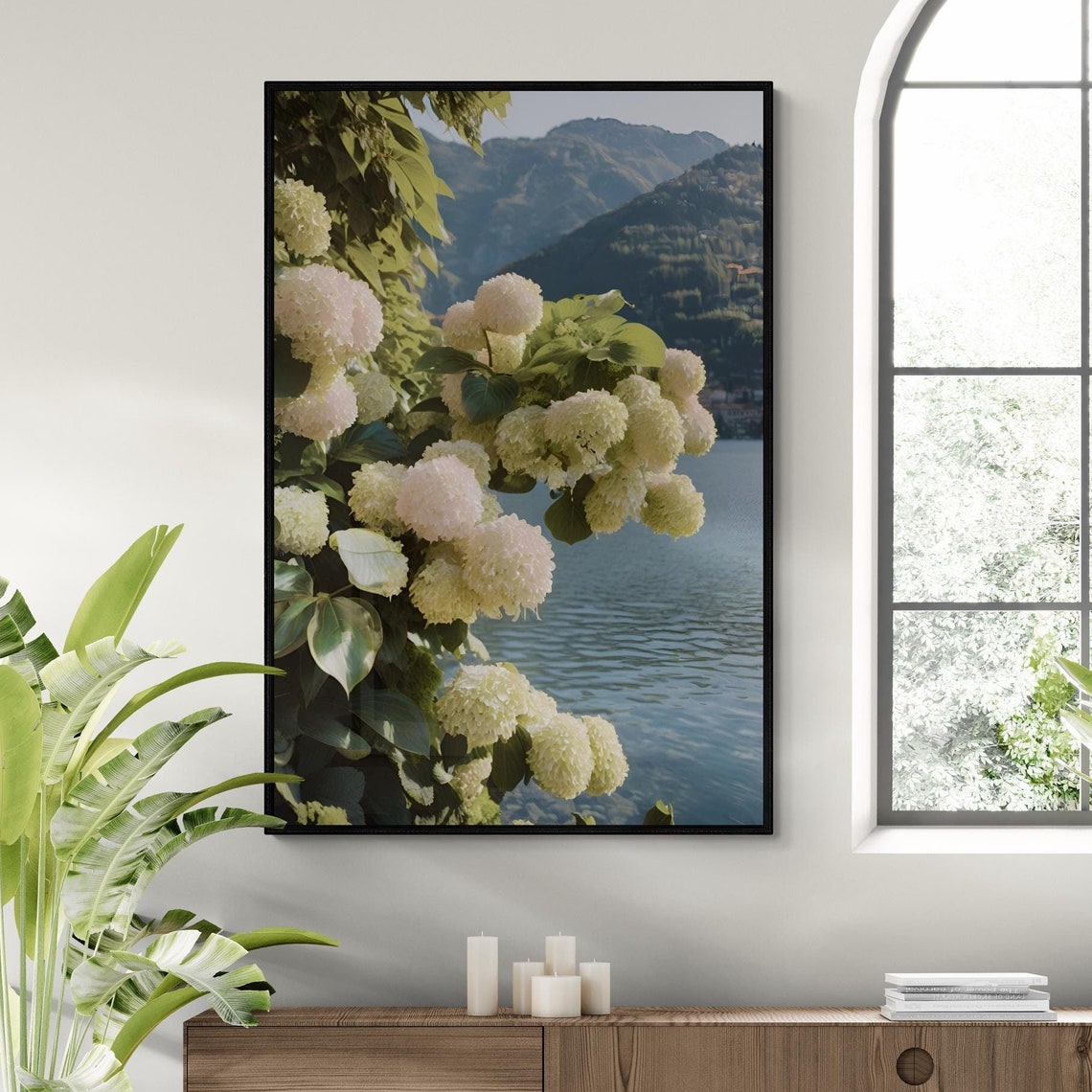 Lake Como Italy Hydrangea Blooms Lakeside Mountain View Travel Poster