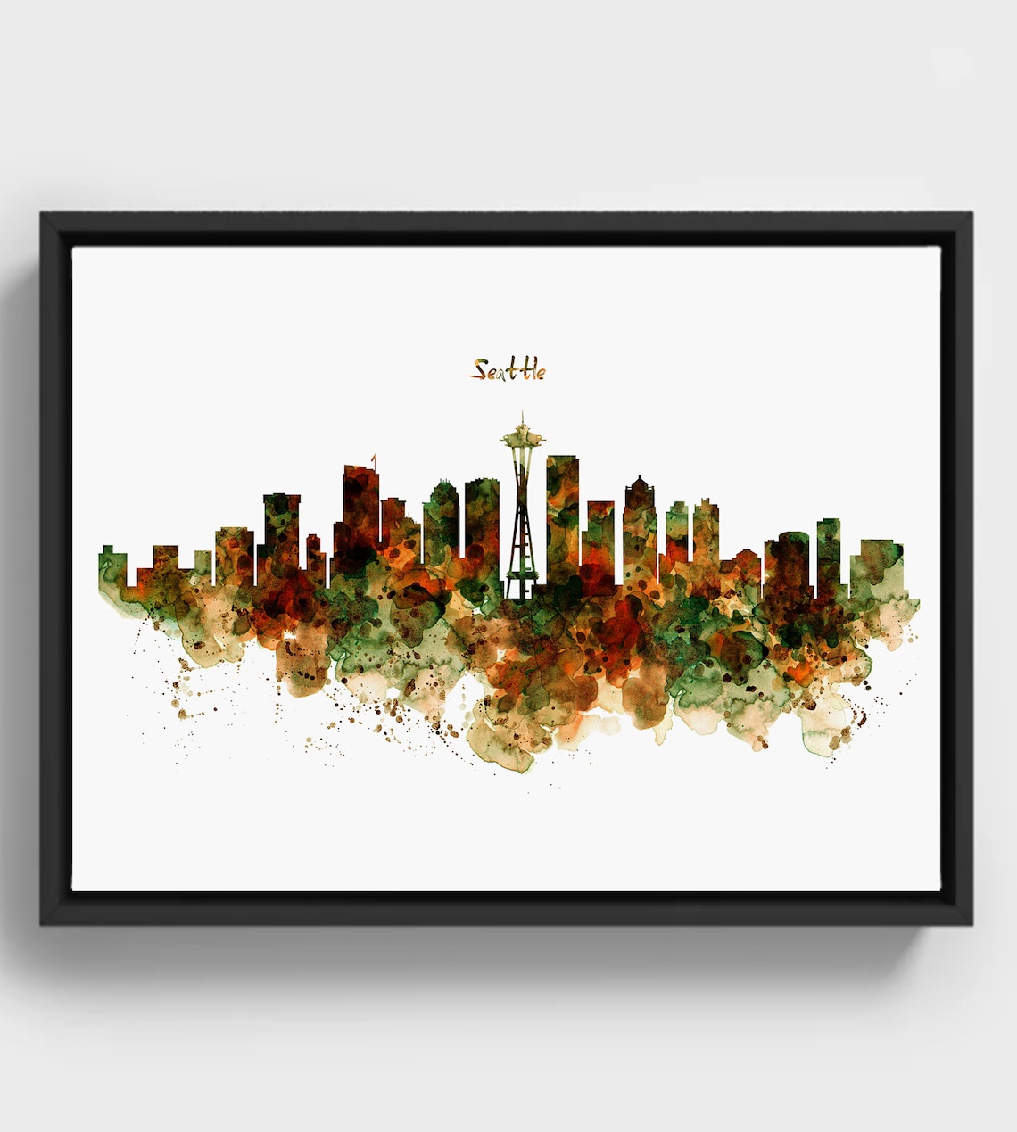 Seattle Skyline Watercolor with Space Needle Urban City Art Poster
