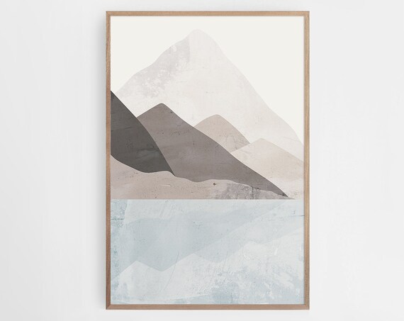 Beige Blue Mountain Wall Art Lake Mountain Art Print Beige Landscape Art Print Neutral Wall Art Boho Decor
