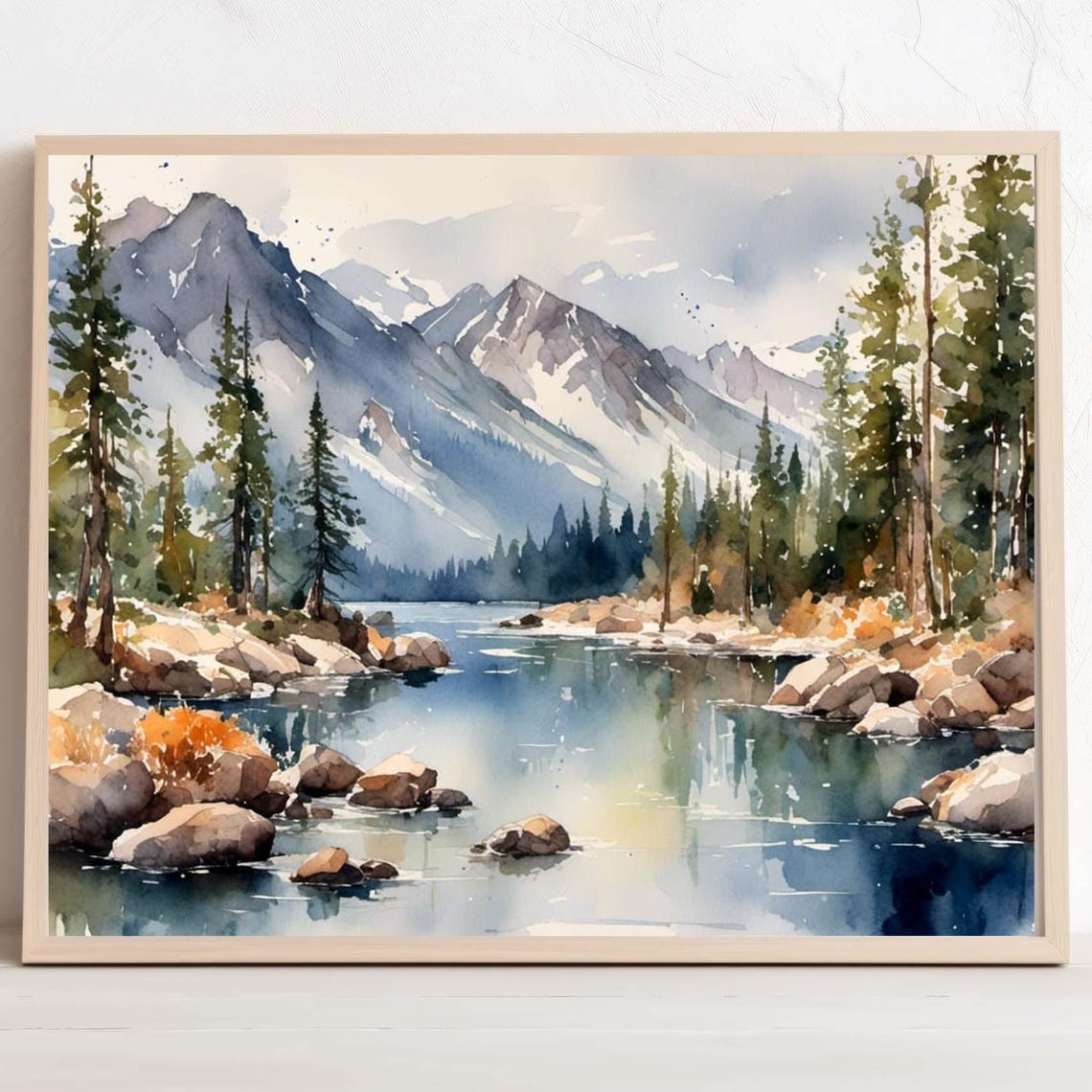 Lake Tahoe Mountain Lake Watercolor Snowy Peaks Pine Forest Poster