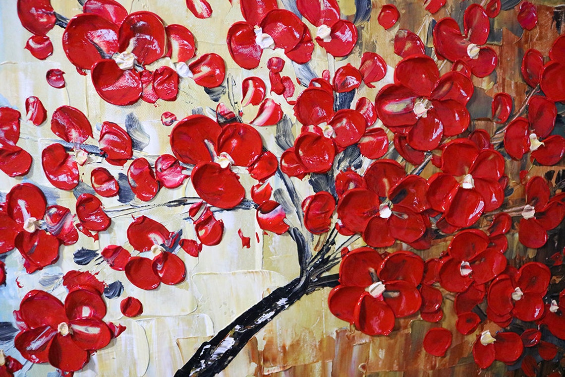 Windswept Red Blossom Tree on Beige Palette Knife Abstract Poster - Image 2