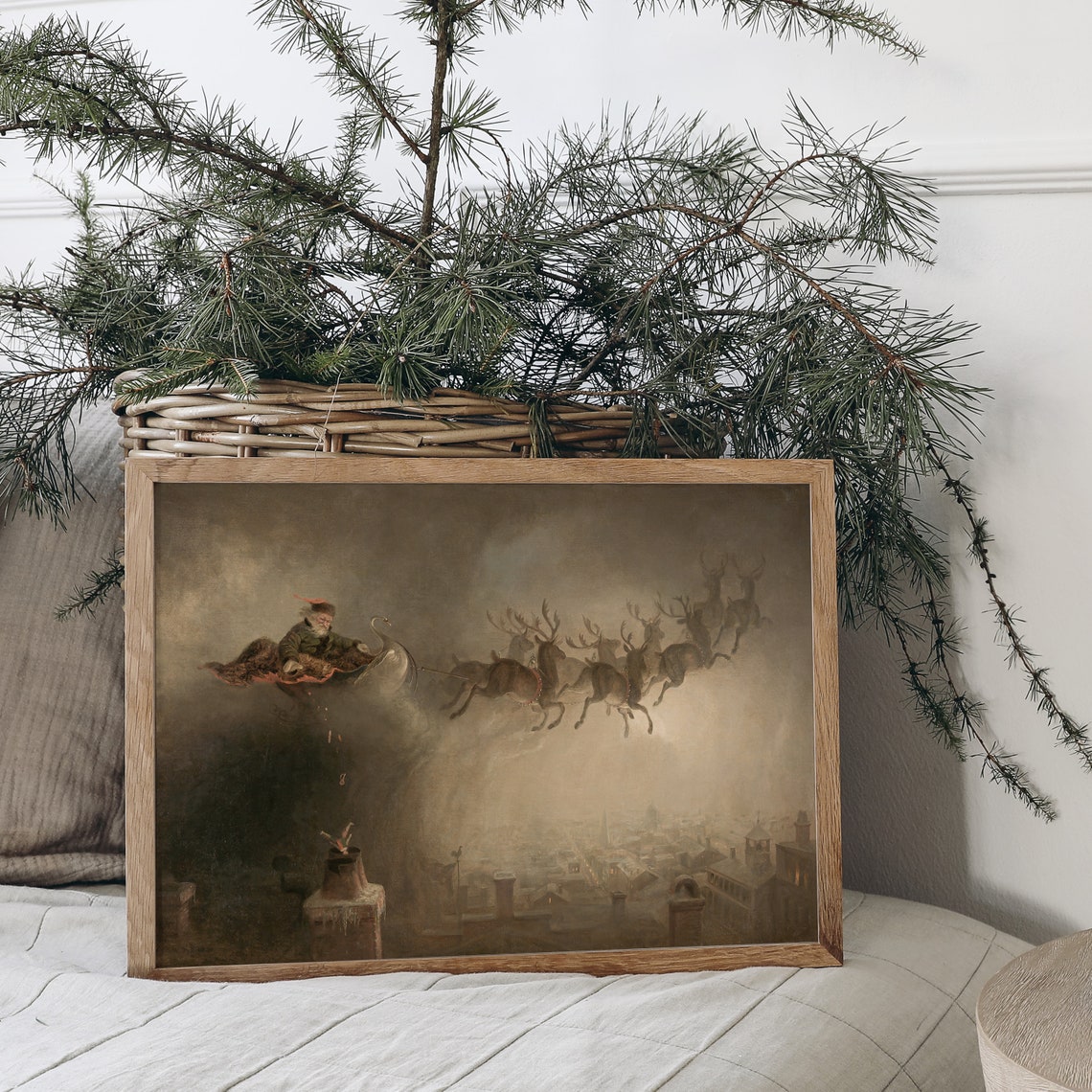 Vintage Santa Sleigh Reindeer Night Sky Christmas Painting Poster - Image 3