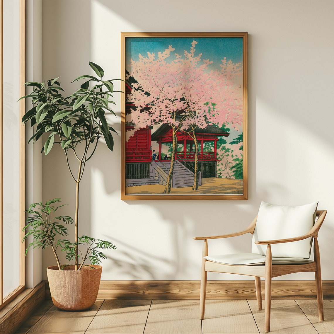 Japanese Woodblock Cherry Blossom Temple Spring Ukiyo E Art Poster - Image 4